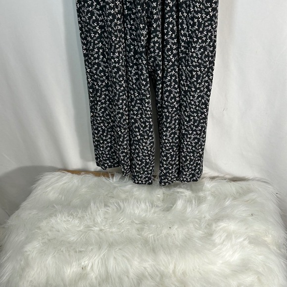 LOFT Black Floral Print Button Front Wide Leg Jumpsuit Size L‎ - Picture 7 of 12
